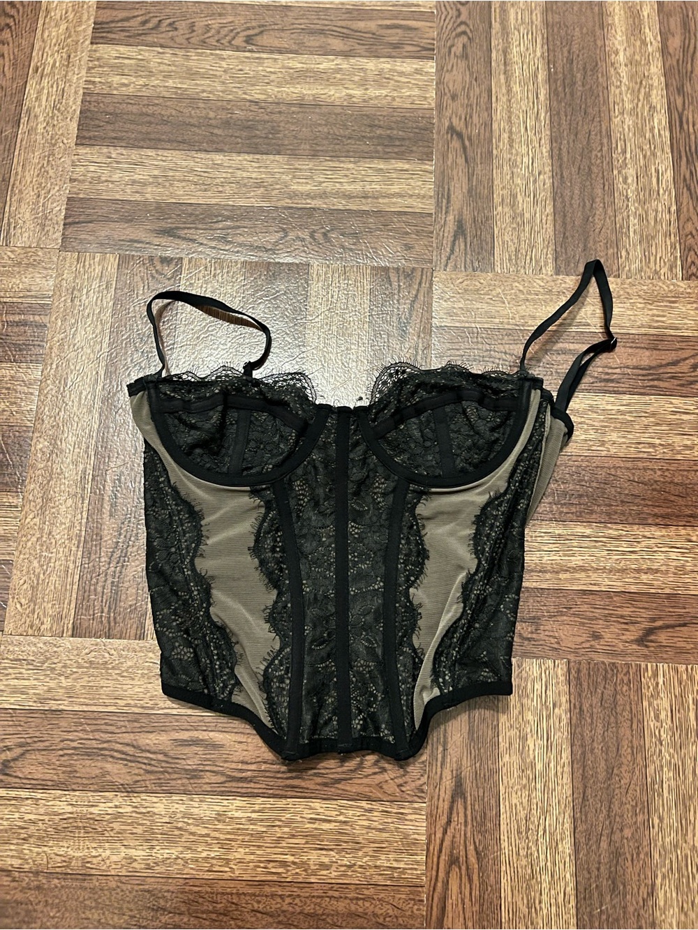 Urban Outfitters Black Lace Bustier Bandeau with Olive Underlay